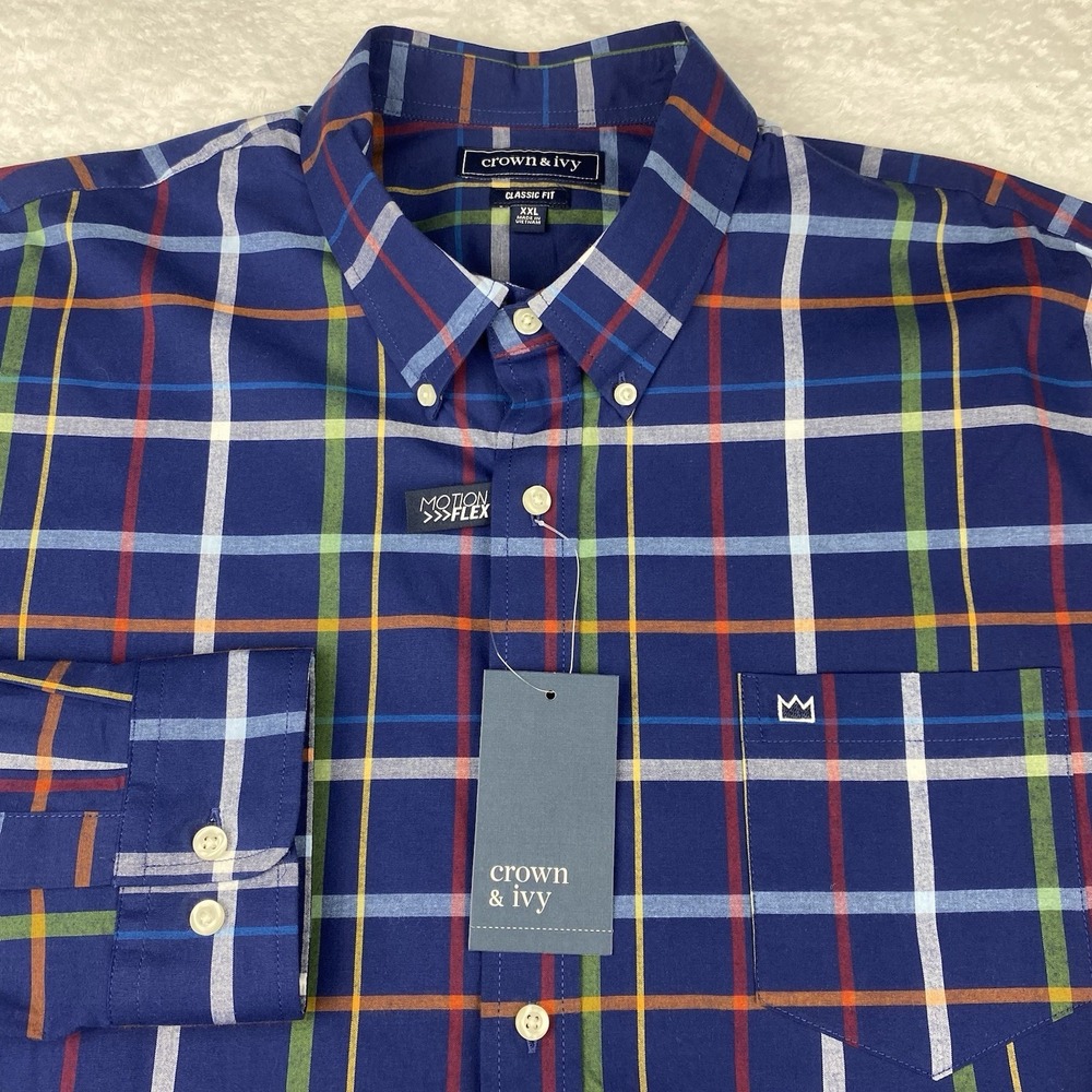 Crown & Ivy Shirt Men's XXL Blue Multicolor Plaid "Motion Flex" Classic Fit NWT!